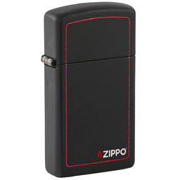 Зажигалка ZIPPO узкая с фирменным логотипом и красной окантовкой с черным матовым покрытием | Slim® Black Matte, латунь/сталь, чёрная, 29x10x60 мм