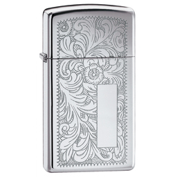 Зажигалка ZIPPO узкая Венецианская с покрытием глянцевый хром | Slim® Venetian® High Polish Chrome, латунь/сталь, серебристая, глянцевая, 29x10x60 мм