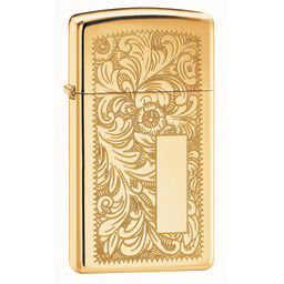 Зажигалка ZIPPO узкая Венецианская с покрытием глянцевая латунь | Slim® Venetian® High Polish Brass, латунь/сталь, золотистая, глянцевая, 29x10x60 мм