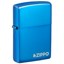 Зажигалка ZIPPO Логотип с синим глянцевым покрытием | Logo High Polish Blue, с лого, латунь/сталь, синяя, глянцевая, 38x13x57 мм