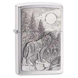 Зажигалка ZIPPO Лесные волки с покрытием матовый хром | Timberwolves Brushed Chrome, латунь/сталь, серебристая, матовая, 38x13x57мм