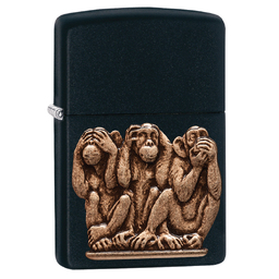 Зажигалка ZIPPO Три обезьяны с черным матовым покрытием | Three Monkeys Black Matte, латунь/сталь, чёрная, матовая, 38x13x57 мм