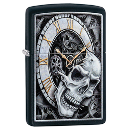 Зажигалка ZIPPO Часы и череп с черным матовым покрытием | Skull Clock Black Matte, латунь/сталь, чёрная, матовая, 38x13x57 мм