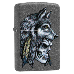 Зажигалка ZIPPO Череп с головой волка с каменным покрытием | Wolf Skull Iron Stone, латунь/сталь, серая, матовая, 38x13x57 мм