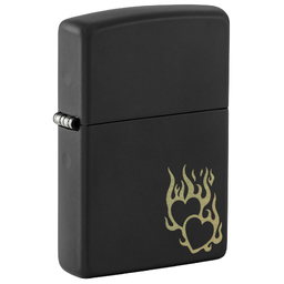 Зажигалка ZIPPO Сердца в огне с черным матовым покрытием | Fire Heart Black Matte, латунь/сталь, черная, матовая, 38x13x57 мм