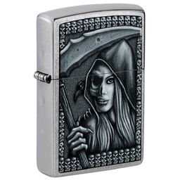 Зажигалка ZIPPO Зловещая красота с покрытием поцарапанный хром | Grim Beauty Street Chrome, латунь/сталь, серебристая, матовая, 38x13x57 мм