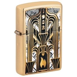 Зажигалка ZIPPO Пламя в стиле ар-деко с покрытием Глянцевая латунь | Art Deco Flame High Polish Brass, латунь/сталь, золотистая, 38x13x57мм