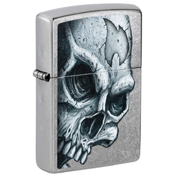 Зажигалка ZIPPO Череп и пламя с покрытием поцарапанный хром | Skull and Flame Street Chrome, латунь/сталь, серебристая, матовая, 38x13x57 мм