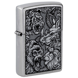 Зажигалка ZIPPO Джунгли с покрытием поцарапанный хром | Jungle Design Street Chrome, латунь/сталь, серебристая, 38x13x57 мм