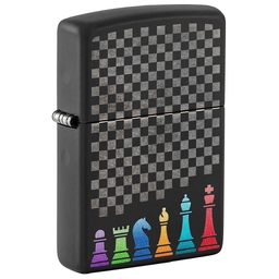 Зажигалка ZIPPO Шахматные фигуры с черным матовым покрытием | Chess Pieces Black Matte, латунь/сталь, черная 38x13x57 мм