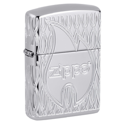 Зажигалка ZIPPO Armor® Пламя с покрытием Глянцевый хром | Flame Design High Polish Chrome, латунь/сталь, серебристая, 38x13x57 мм
