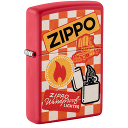 Зажигалка ZIPPO Ретро с красным матовым покрытием | Retro Design Red Matte, латунь/сталь, красная, матовая, 38x13x57 мм