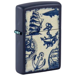 Зажигалка ZIPPO Морская с темно-синем матовым покрытием | Nautical Design Navy Matte, латунь/сталь, синяя, матовая, 38x13x57 мм