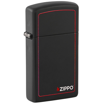 Зажигалка ZIPPO узкая с фирменным логотипом и красной окантовкой с черным матовым покрытием | Slim® Black Matte, латунь/сталь, чёрная, 29x10x60 мм