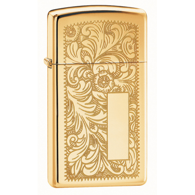 Зажигалка ZIPPO узкая Венецианская с покрытием глянцевая латунь | Slim® Venetian® High Polish Brass, латунь/сталь, золотистая, глянцевая, 29x10x60 мм
