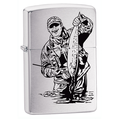 Зажигалка ZIPPO Рыбак с покрытием матовый хром | Brushed Chrome, латунь/сталь, серебристая, матовая, 38x13x57 мм