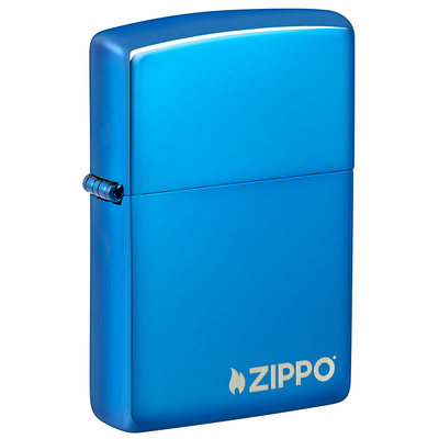 Зажигалка ZIPPO Логотип с синим глянцевым покрытием | Logo High Polish Blue, с лого, латунь/сталь, синяя, глянцевая, 38x13x57 мм