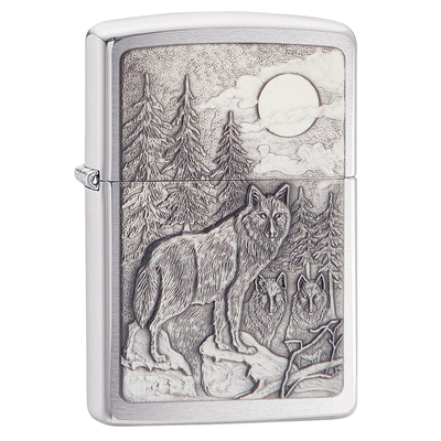 Зажигалка ZIPPO Лесные волки с покрытием матовый хром | Timberwolves Brushed Chrome, латунь/сталь, серебристая, матовая, 38x13x57мм