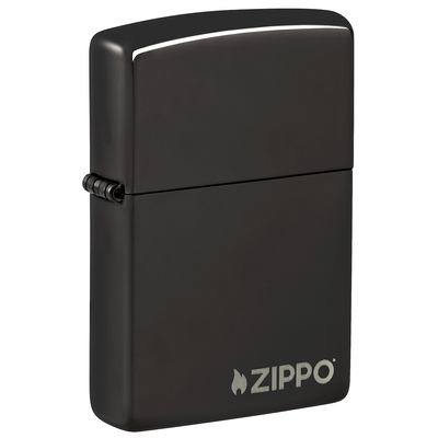 Зажигалка ZIPPO Логотип с черным глянцевым покрытием | Logo High Polish Black, латунь/сталь, чёрная с логотипом, глянцевая, 38x13x57 мм