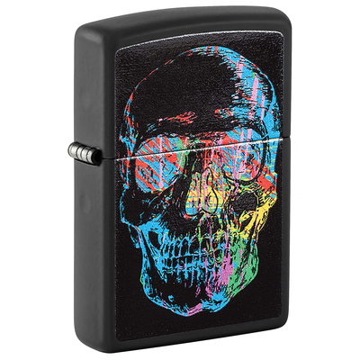 Зажигалка ZIPPO Цветной череп с черным матовым покрытием | Colorful Skull Design Black Matte, латунь/сталь, черная, 38x13x57 мм