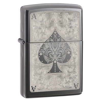 Зажигалка ZIPPO Филигранный туз с покрытием черный лед | Ace Filigree Black Ice ®, латунь/сталь, чёрная, глянцевая, 38x13x57 мм