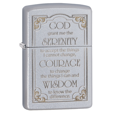 Зажигалка ZIPPO Молитва о безмятежности с покрытием сатинированный хром | Serenity Prayer Satin Chrome, латунь/сталь, серебристая, матовая,38x13x57 мм