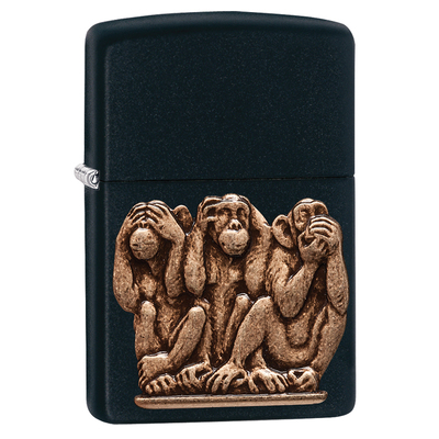 Зажигалка ZIPPO Три обезьяны с черным матовым покрытием | Three Monkeys Black Matte, латунь/сталь, чёрная, матовая, 38x13x57 мм