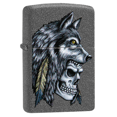 Зажигалка ZIPPO Череп с головой волка с каменным покрытием | Wolf Skull Iron Stone, латунь/сталь, серая, матовая, 38x13x57 мм