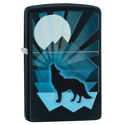 Зажигалка ZIPPO Волк и луна с черным матовым покрытием | Wolf and Moon Black Matte, латунь/сталь, чёрная, матовая, 38x13x57 мм