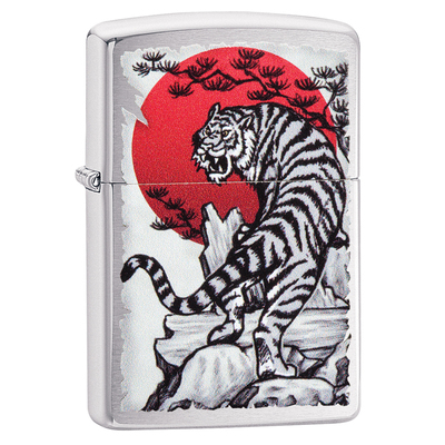 Зажигалка ZIPPO Азиатский тигр с покрытием матовый хром | Asian Tiger Brushed Chrome, латунь/сталь, серебристая, 38x13x57 мм