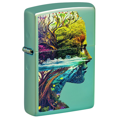 Зажигалка ZIPPO Единение с природой с зеленым глянцевым покрытием | One with Nature Design High Polish Green, латунь/сталь, зеленая, 38x13x57 мм
