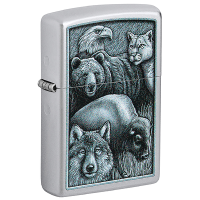 Зажигалка ZIPPO Королевство зверей с покрытием сатинированный хром | Animal Kingdom Design Satin Chrome, латунь/сталь,серебристая,матовая,38x13x57 мм