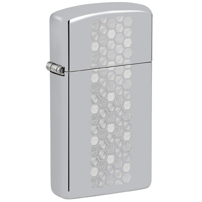 Зажигалка ZIPPO узкая Медовые соты с покрытием глянцевый хром | Slim® Honeycomb Design High Polish Chrome, латунь/сталь, серебристая, 29x10x60 мм