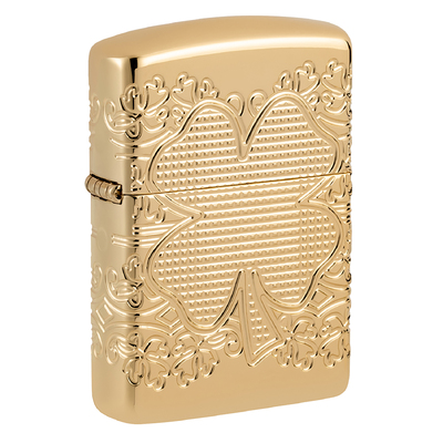 Зажигалка ZIPPO Armor® Счастливый клевер с глянцевым золотистым покрытием | Lucky Clover High Polish Gold Plate, латунь/сталь, золотистая, 38x13x57 мм