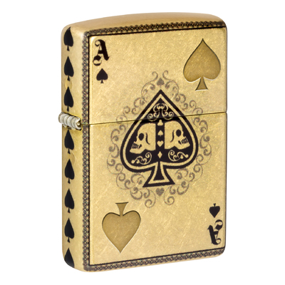 Зажигалка ZIPPO Туз черепов с покрытием Искусственно состаренная латунь на 540 | Ace of Skulls 540 Tumbled Brass, латунь/сталь, золотистая, 38x13x57мм