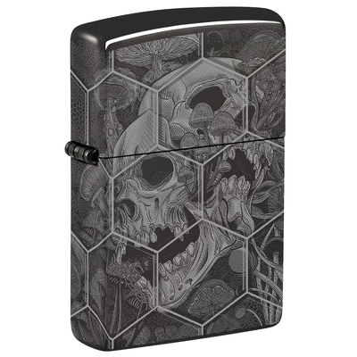Зажигалка ZIPPO Грибы и черепа с черным глянцевым покрытием | Mushroom Skulls High Polish Black, латунь/сталь, черная, глянцевая, 38x13x57 мм