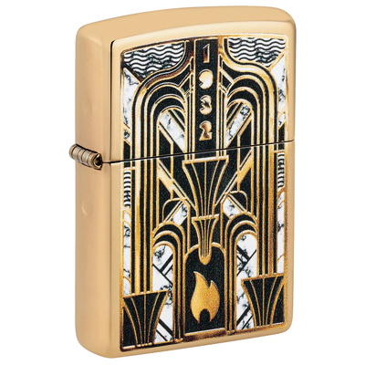 Зажигалка ZIPPO Пламя в стиле ар-деко с покрытием Глянцевая латунь | Art Deco Flame High Polish Brass, латунь/сталь, золотистая, 38x13x57мм