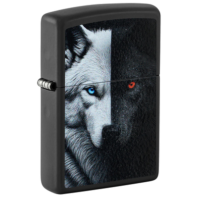 Зажигалка ZIPPO Два волка с черным матовым покрытием | Two Wolves Black Matte, латунь/сталь, черная, 38x13x57 мм