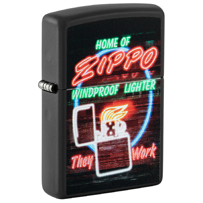 Зажигалка ZIPPO Неоновая вывеска с черным матовым покрытием | Zippo Design Black Matte, латунь/сталь, черная, матовая, 38x13x57 мм