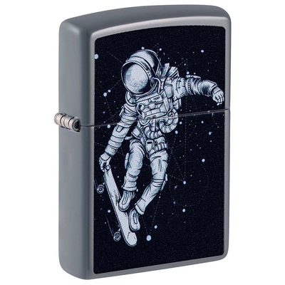 Зажигалка ZIPPO Космонавт-Скейтбордист со светло-серым покрытием | Skateboarding Astronaut Flat Grey, латунь/сталь, серая, 38x13x57 мм