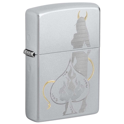 Зажигалка ZIPPO Дьявольский туз пик с покрытием сатинированный хром | Devilish Ace Satin Chrome, латунь/сталь, серебристая, 38x13x57 мм