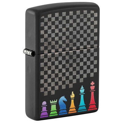 Зажигалка ZIPPO Шахматные фигуры с черным матовым покрытием | Chess Pieces Black Matte, латунь/сталь, черная 38x13x57 мм