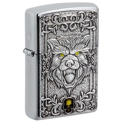 Зажигалка ZIPPO Эмблема с головой волка с покрытием матовый хром | Wolf Emblem Brushed Chrome, латунь/сталь, серебристая, 36x13x57 мм