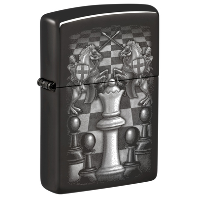 Зажигалка ZIPPO Шахматы с черным глянцевым покрытием | Chess Design High Polish Black, латунь/сталь, черная, 38x13x57 мм