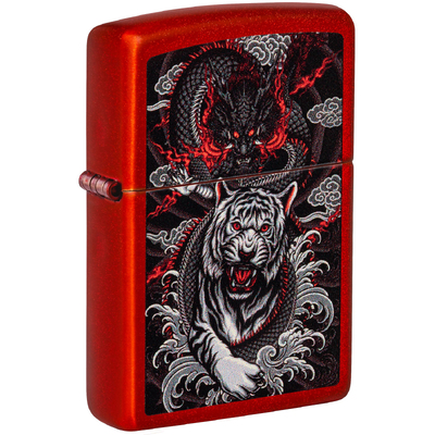 Зажигалка ZIPPO Дракон и тигр с металлизированным красным покрытием | Dragon Tiger Design Metallic Red, латунь/сталь, красная, 38x13x57 мм