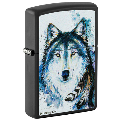 Зажигалка ZIPPO Линдси Киви «Хороший волк» с черным матовым покрытием | Lindsay Kivi Good Wolf Black Matte, латунь/сталь, черная,матовая, 38x13x57 мм