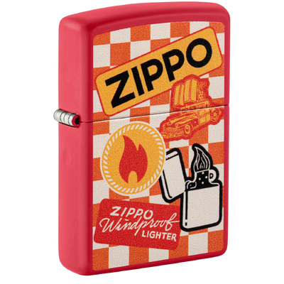 Зажигалка ZIPPO Ретро с красным матовым покрытием | Retro Design Red Matte, латунь/сталь, красная, матовая, 38x13x57 мм