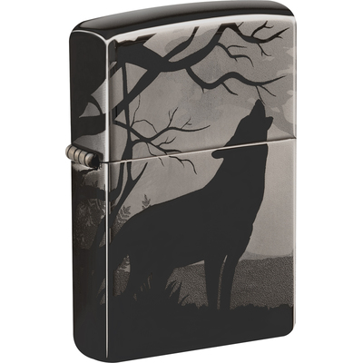 Зажигалка ZIPPO Волки с покрытием черный лед | Wolves Design Black Ice®, латунь/сталь, чёрная, глянцевая, 38x13x57 мм