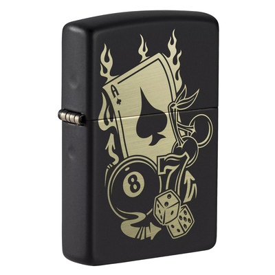 Зажигалка ZIPPO Азартные игры с черным матовым покрытием | Gambling Design Black Matte, латунь/сталь, чёрная, матовая, 38x13x57 мм