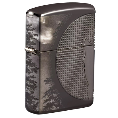 Зажигалка ZIPPO Armor™ Волк с глянцевым покрытием Черный лед | Wolf High Polish Black Ice®, латунь/сталь, чёрная, 38x13x57 мм
